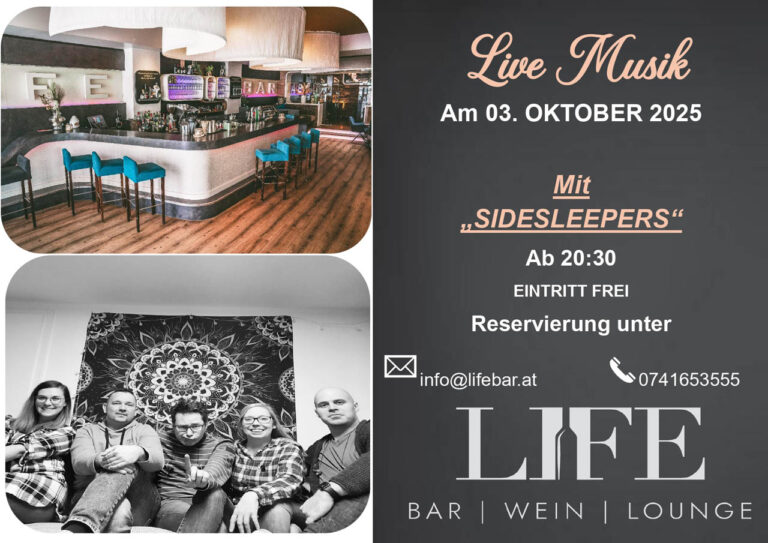 Mehr über den Artikel erfahren Live-Musik in der Life Bar – 03. Oktober 2025 mit „Sidesleepers“